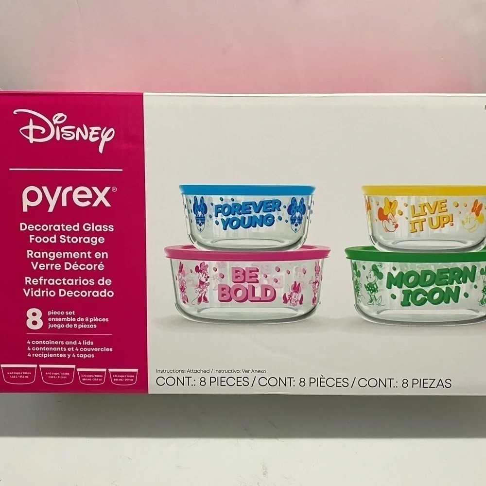Pyrex Disney Minnie Decorated Glass Food Storage 4 Bowls plus Lids